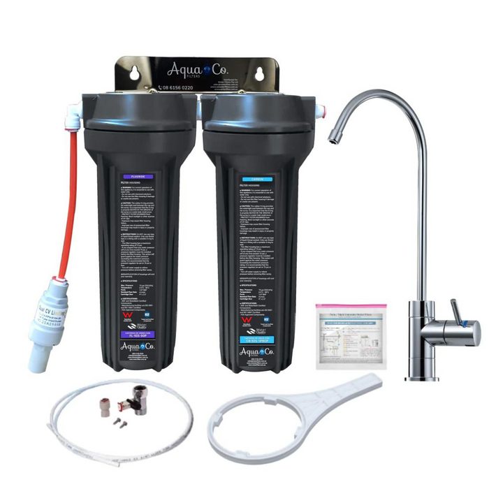 AquaCo SYS-925FC Dual Stage Undersink Water Filter System Kit with Faucet & Fluoride/Carbon Cartridges