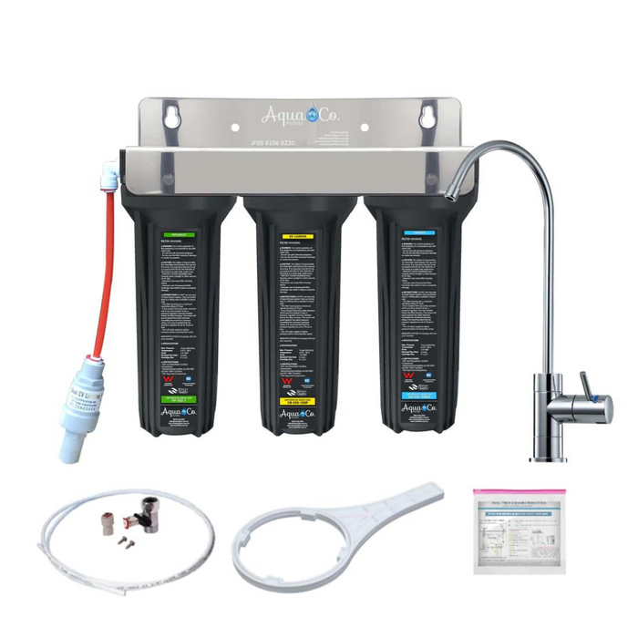 AquaCo SYS-925SCC Triple Stage Undersink Water Filter System Kit with Faucet & Sediment/Carbon/PAC Cartridges