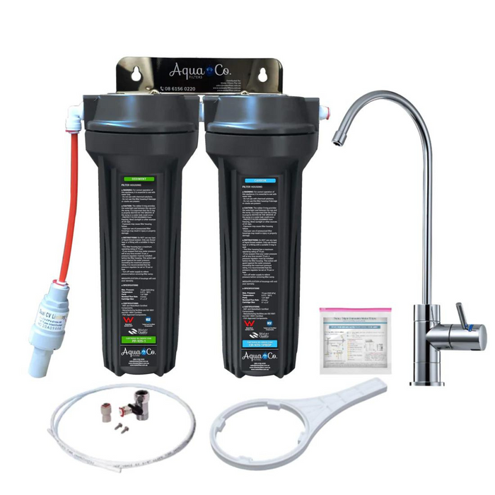 AquaCo SYS-925SC Dual Stage Undersink Water Filter System Kit with Faucet & Sediment/Carbon Cartridges