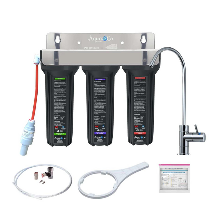 AquaCo SYS-925SFA Triple Stage Undersink Water Filter System Kit with Faucet & Sediment/Fluoride/Aragon Cartridges
