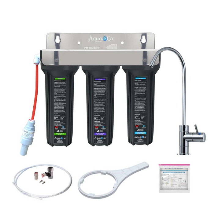 AquaCo SYS-925SFC Triple Stage Undersink Water Filter System Kit with Faucet & Sediment/Fluoride/PAC Cartridges