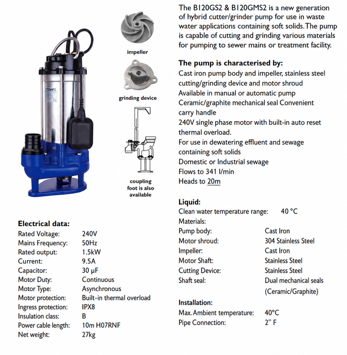 Greyflow Wastewater Sewage Pump Station with B120GS2 Grinder Pump & 50mm Manifold (Max 341LPM/200kPa)