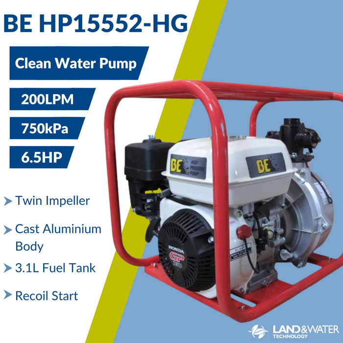 BE HP15552-HG 6.5HP 1.5" Twin Impeller High Pressure Petrol Pump with 3.1L Honda GP Engine (Max 200LPM/750kPa)