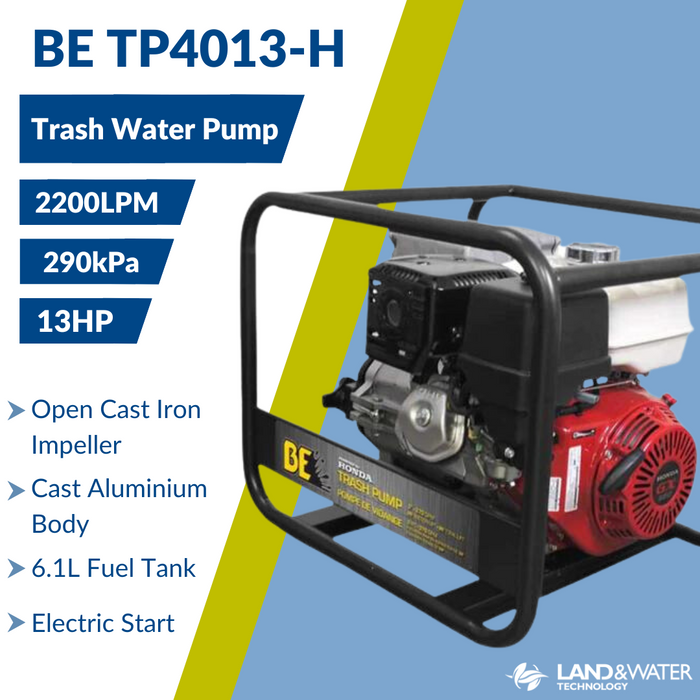 BE TP4013-HE 13HP 4" Open Cast Iron Impeller Heavy Duty Trash Pump Electric Start with 6.1L Honda GX390 Engine (Max 2200LPM/290kPa)