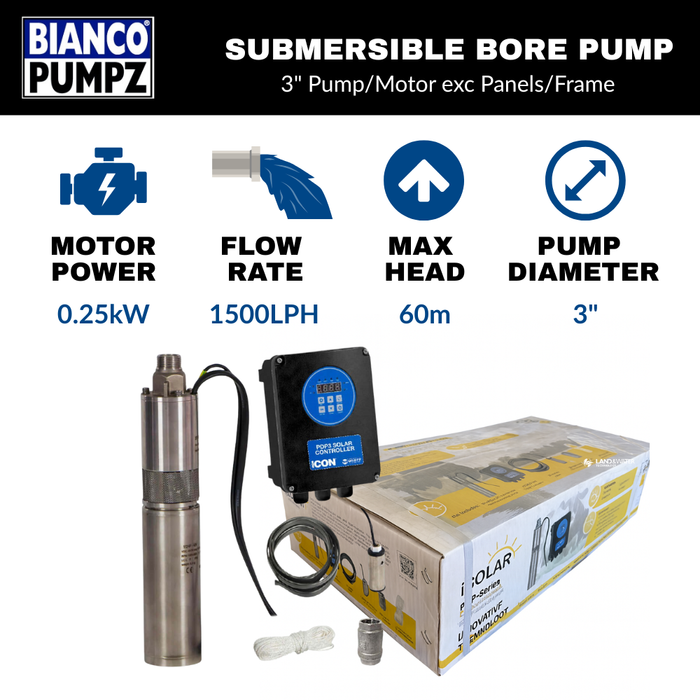 Bianco iSolar 3" 0.25kW Helical Solar Pump Complete Kit (ex Panels) (Max 25LPM/600kPa)