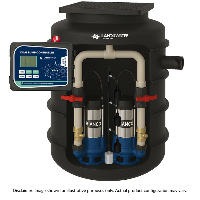 Bianco 1200L Packaged Wastewater Sewage Pump Station with Dual B120MS2 Grinder Pumps, Controller & Multi-Level Tree Float (Max 600LPM/200kPa)