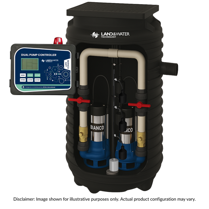 Bianco 2000L Packaged Wastewater Sewage Pump Station with Dual B120MS2 Grinder Pumps, Controller & Multi-Level Tree Float (Max 600LPM/200kPa)