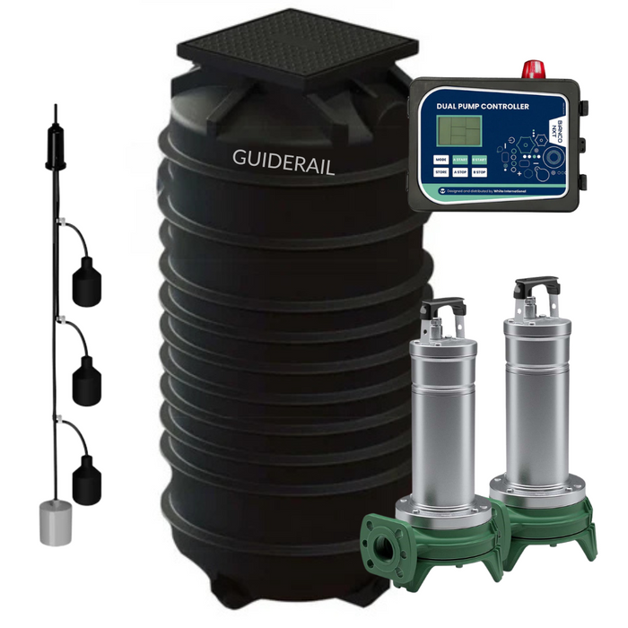 Bianco 2000L Packaged Wastewater Sewage Pump Station with Dual Guiderail FEKA Grinder Pumps, Controller & Multi-Level Tree Float (Max 600LPM/250kPa)