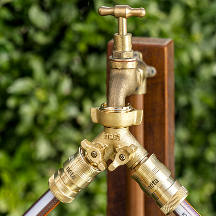 Neta 12mm Brass Universal Twin Tap with Hose Fitting Connection