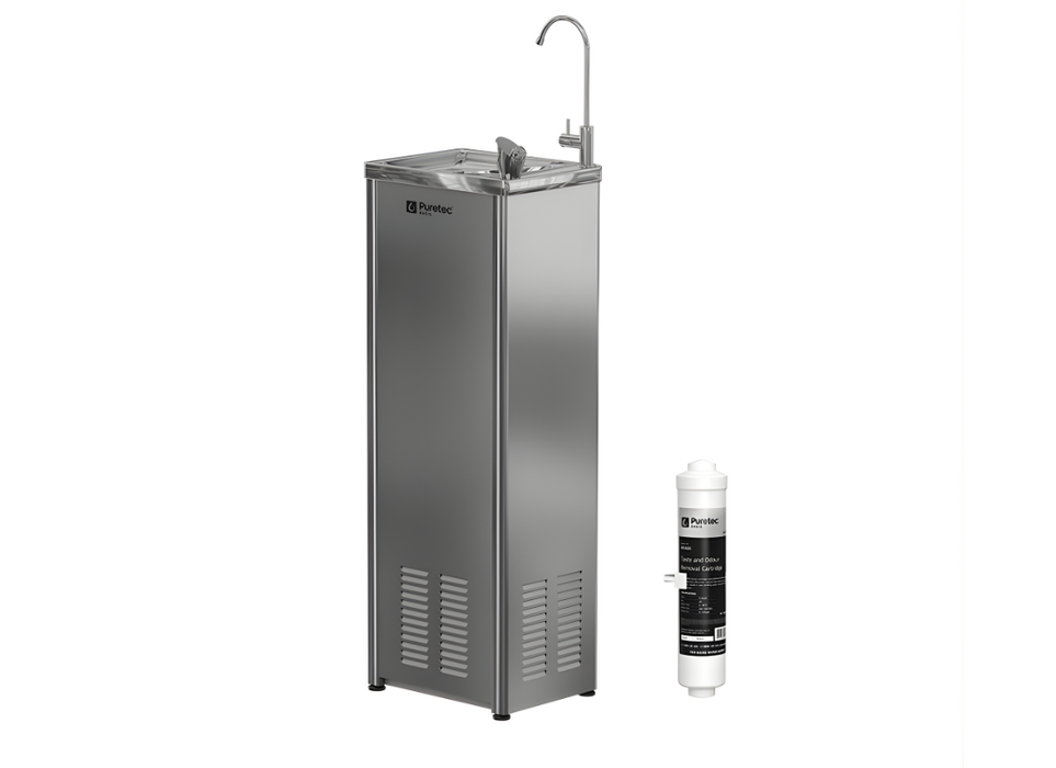 Puretec Stainless Steel Commercial Water Chiller with Bubbler & Carafe Filler with External Filter Kit