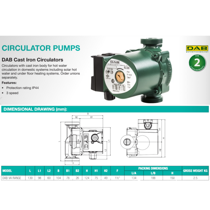 DAB VA35-130 0.56kW 3 Speed Hot Water Cast Iron Circulator Pump (Max 50LPM/43kPa)