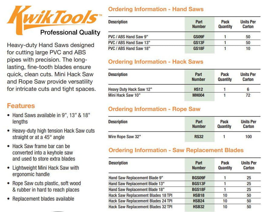 Dawn KwikCut™ PVC/ABS Fine-Tooth Pipe Cutting Hand Saws (9", 13" & 18")