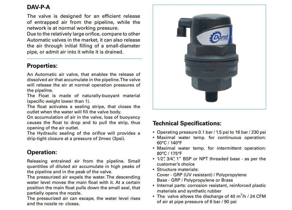 Dorot DAV-P-A 25mm Automatic Air Release Valve (PN16)