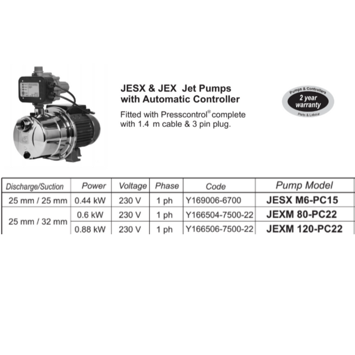 Ebara JEXM 120-PC22 0.88kW Self Priming Jet Pump with Press Control (Max 70LPM/500kPa)