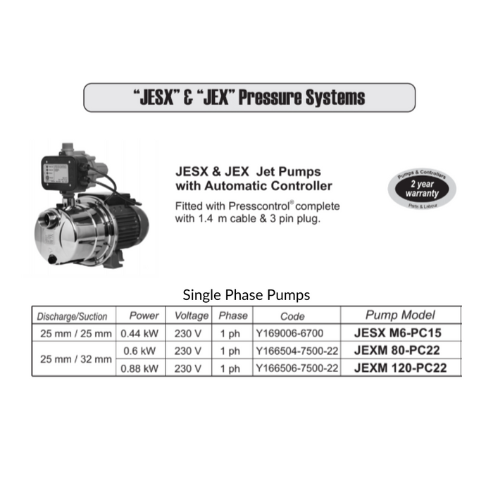 Ebara JESX M6-PC15 0.44kW Self Priming Jet Pump with Press Control (Max 40LPM/350kPa)