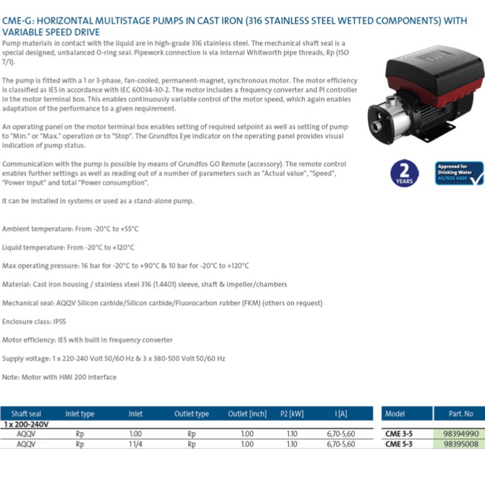 Grundfos CME-G Horizontal Multistage Pumps with Variable Speed Drive Single Phase