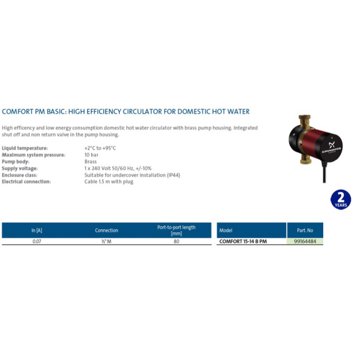 Grundfos Comfort 15-14 B PM Domestic Hot Water Circulator Pump (Max 7LPM/10kPa)