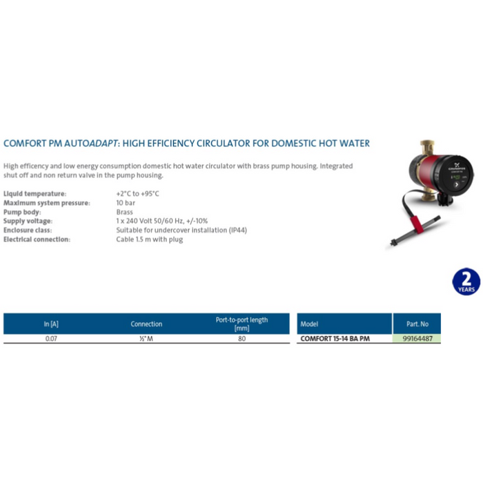 Grundfos Comfort 15-14 BA PM Domestic Hot Water Circulator Pump with Autodapt (Max 7LPM/10kPa)