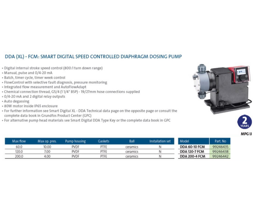 Grundfos DDA (XL)-FCM Smart Digital Speed Controlled Diaphragm Dosing Pump (Bus/Analogue 0/4-20mA Operated)
