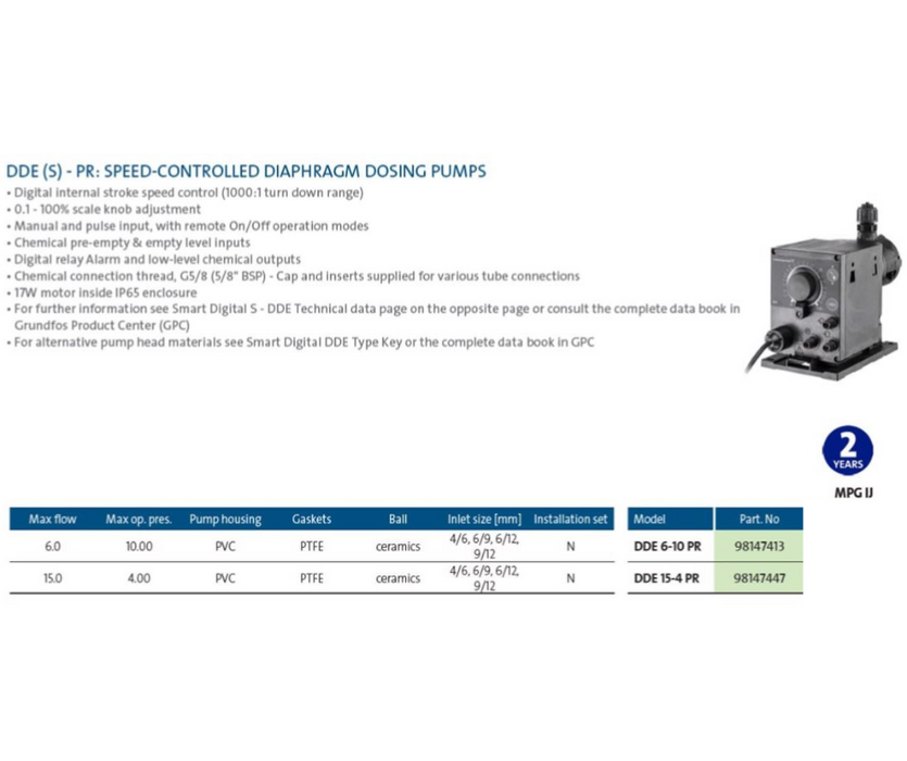 Grundfos DDE (S)-PR Speed Controlled Diaphragm Dosing Pump (Pulse Operated)