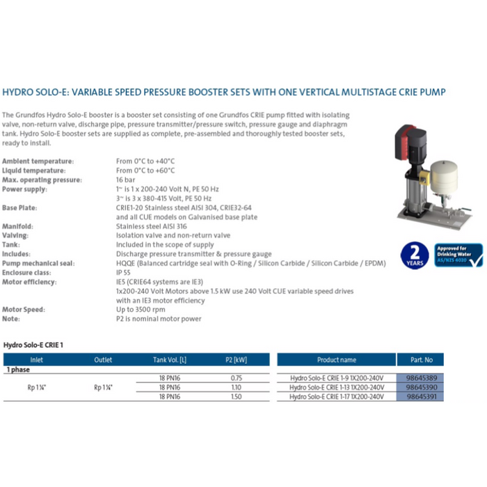 Grundfos Hydro SOLO-E CRIE 1 Variable Speed Pressure Booster Pump Package (Max 46LPM)