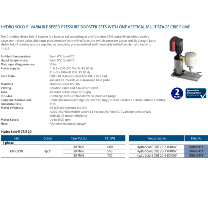 Grundfos Hydro SOLO-E CRIE 20 Variable Speed Pressure Booster Pump Package (Max 550LPM)