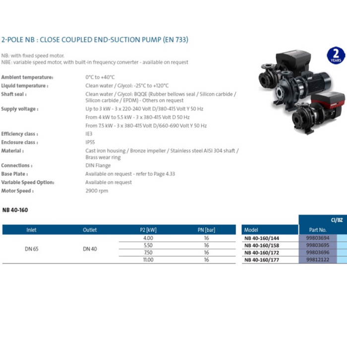Grundfos NB40-160 Series Close Coupled End Suction Pumps (Max 1000LPM/450kPa)