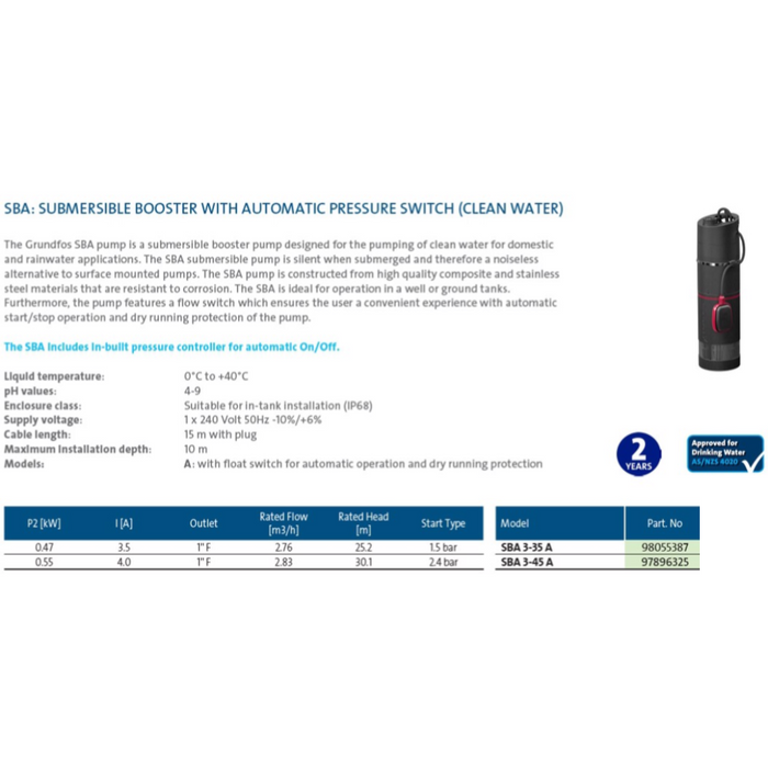 Grundfos SBA3-45A 0.62kW Submersible Pressure Pump with Automatic Pressure Switch (Max 100LPM/430kPa)