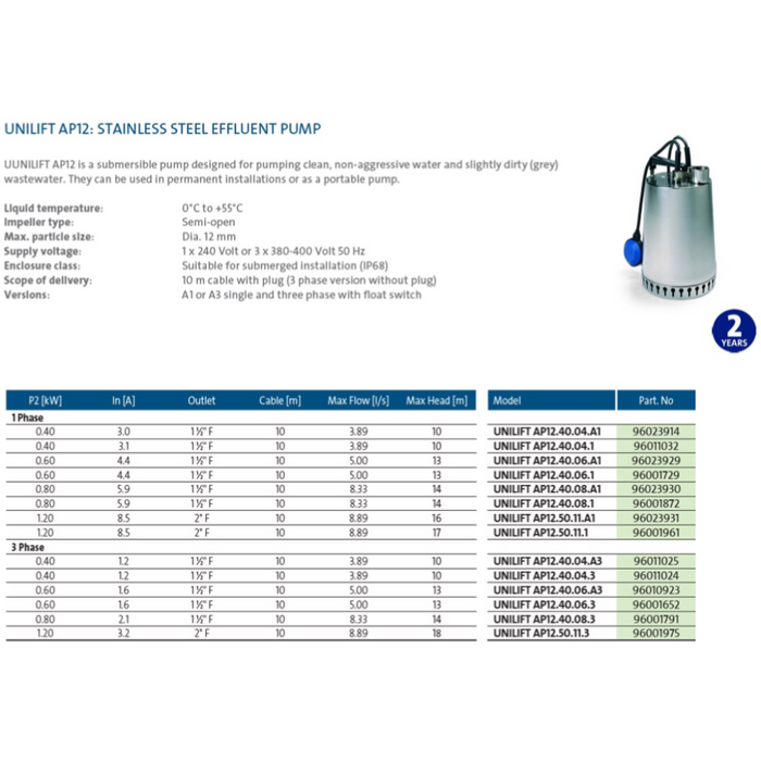 Grundfos Unilift AP12.40.04 0.40kW Submersible Drainage Pumps for Dirty Water with Semi-Open Impeller (Max 233LPM/100kPa)