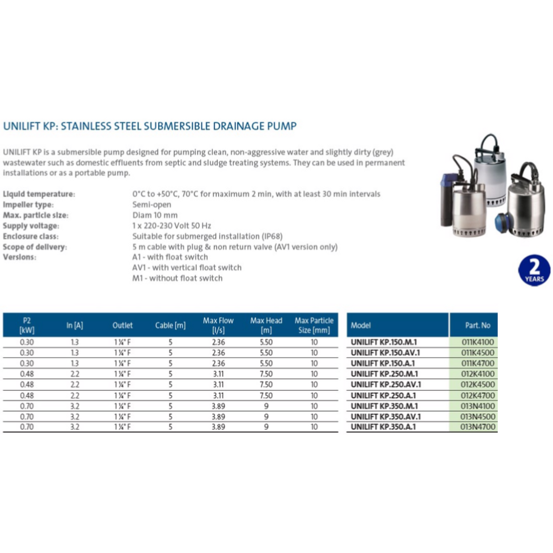 Grundfos Unilift KP150-AV1 0.14kW Drainage Pump with Vertical Lever Switch