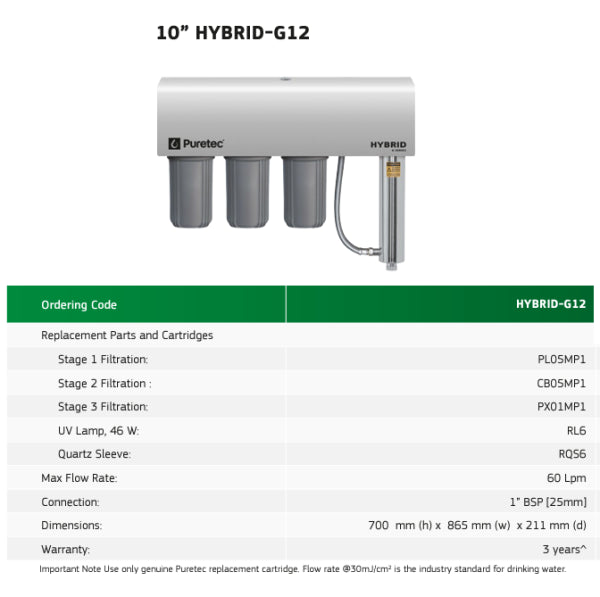 Puretec Hybrid G12 Triple Stage 10" x 4.5" Whole House UV Water Treatment System (60 LPM)