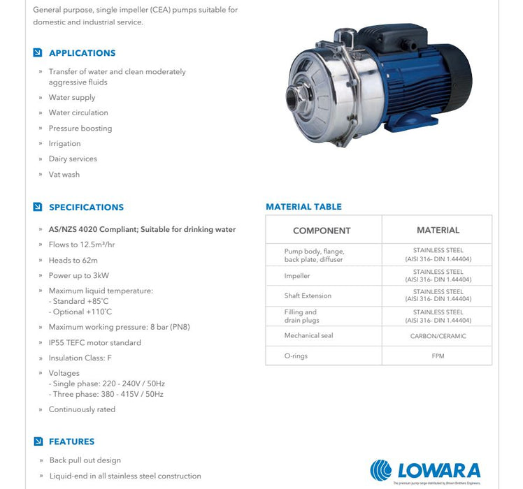 Lowara CA-V Series Stainless Steel Close Coupled Centrifugal Pump Twin Impeller