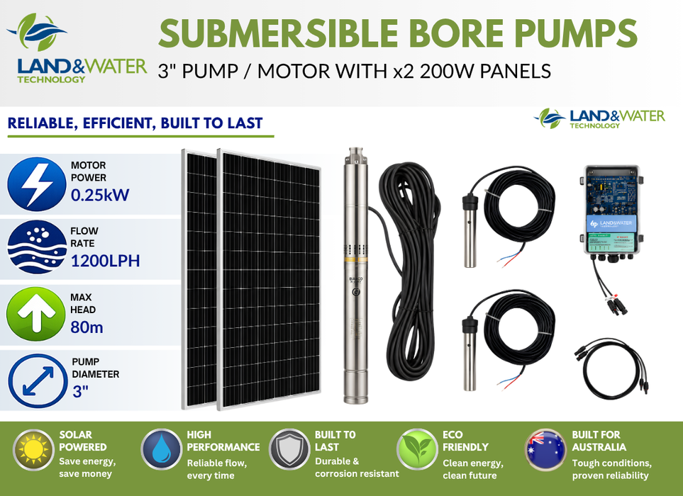 Land & Water 3" 0.25kW Submersible Solar Bore Pump Complete Kit with x2 200W Solar Panels & 40m Cable (Max 20LPM/800kPa)
