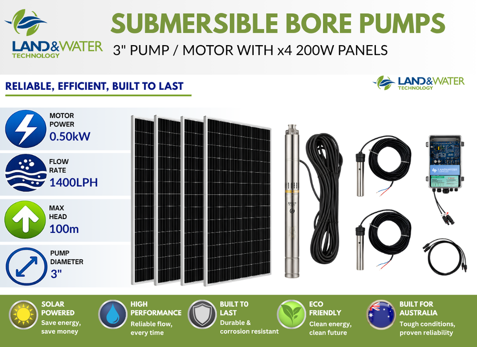 Land & Water 3" 0.50kW Submersible Solar Bore Pump Complete Kit with x4 200W Solar Panels & 40m Cable (Max 23LPM/1000kPa)