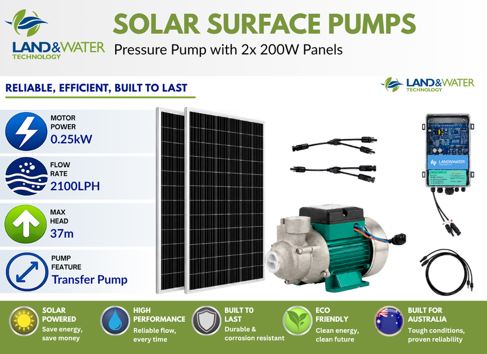 Land & Water 0.25kW Solar Surface Jet Pump Complete Kit with x2 200W Solar Panels & 3m Cable (Max 35LPM/370kPa)