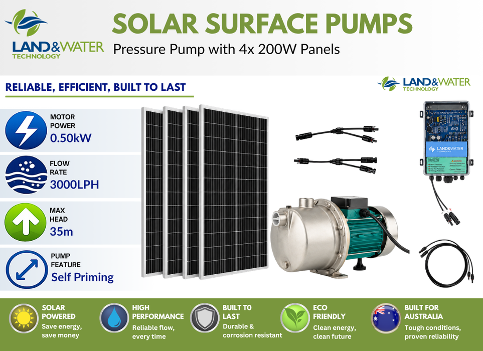 Land & Water 0.50kW Solar Surface Jet Pump with Self-Priming Suction Lift Complete Kit with x4 200W Solar Panels & 1.5m Cable (Max 50LPM/350kPa)