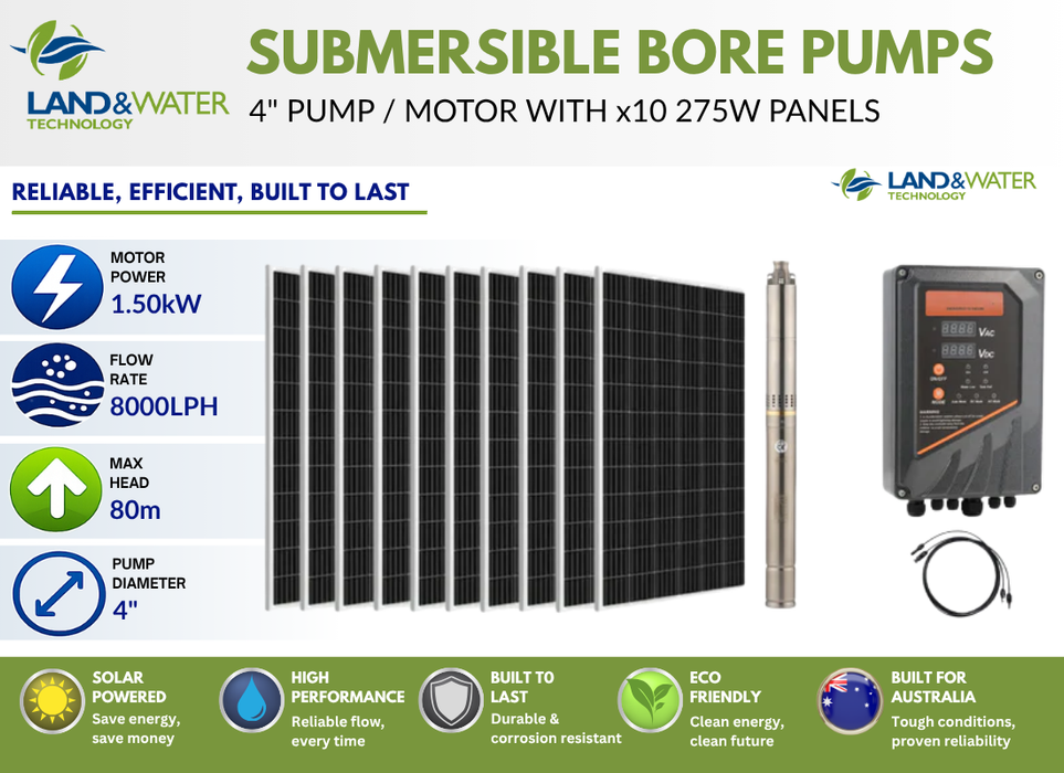 Land & Water 4" 1.50kW Submersible Solar Bore Pump Complete Kit with x10 275W Solar Panels & Hybrid AC/DC Controller (Max 135LPM/800kPa)