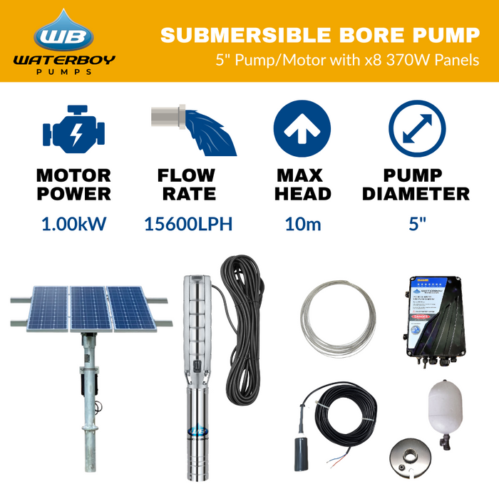 Waterboy 5C2822200 2.20kW Submersible Centrifugal Solar Bore Pump Complete Kit with x8 370W Solar Panels & 40m Cable (Max 260LPM/100kPa)