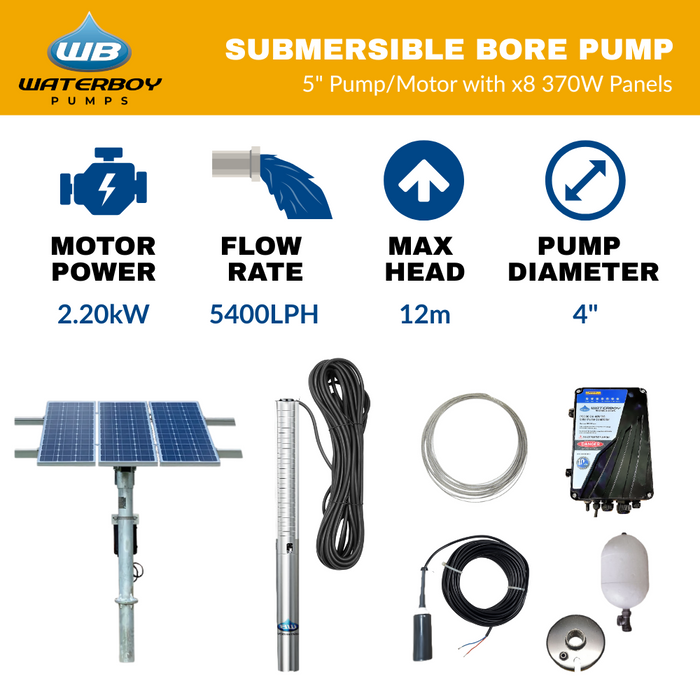 Waterboy 4CBW7-18 2.20kW AC/DC Submersible Centrifugal Solar Bore Pump Kit with x8 370W Solar Panels & 40m Cable (Max 90LPM/1200kPa)
