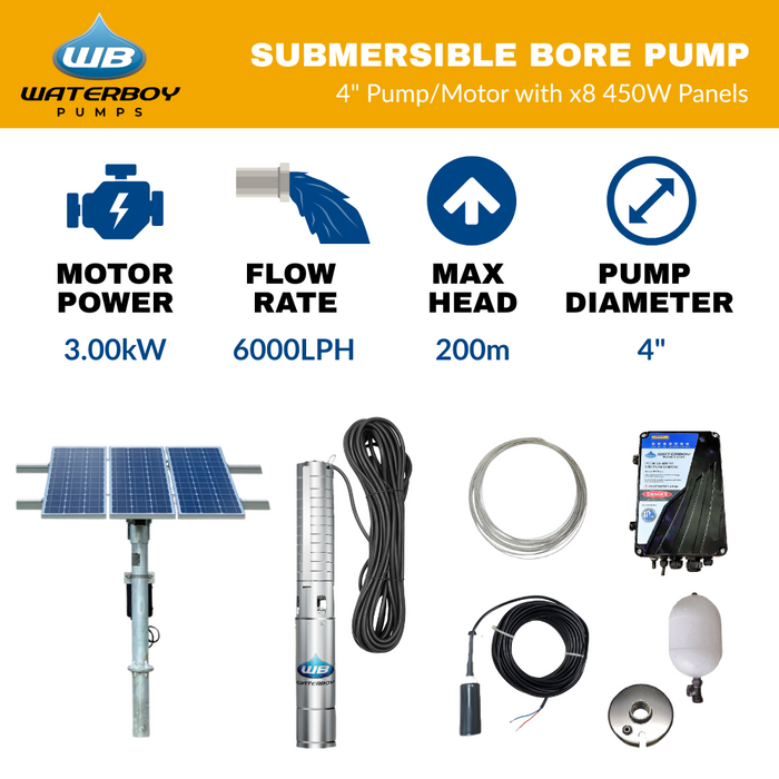Waterboy 4C7313000 3.00kW High Head Submersible Centrifugal Solar Bore Pump Complete Kit with x8 450W Solar Panels & 40m Cable (Max 100LPM/2000kPa)