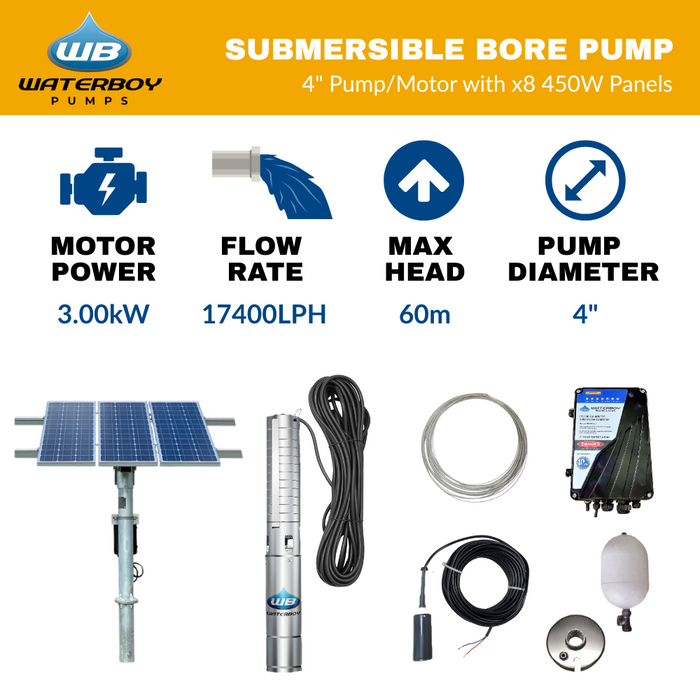 Waterboy 4C20103000 3.00kW High Flow Submersible Centrifugal Solar Bore Pump Complete Kit with x8 450W Solar Panels & 40m Cable (Max 290LPM/600kPa)