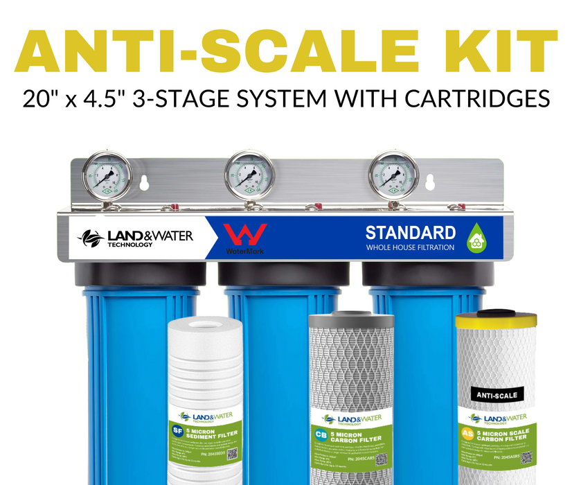 Land & Water 3-Stage Complete Home Water Filtration System 20" x 4.5" with Hard Water (Anti-Scale) Kit
