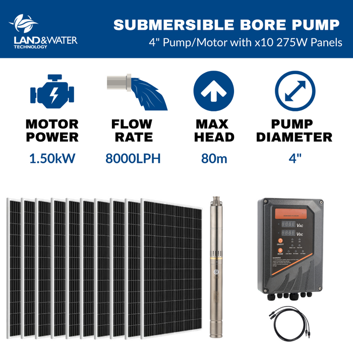 Land & Water 4" 1.50kW Submersible Solar Bore Pump Complete Kit with x10 275W Solar Panels & Hybrid AC/DC Controller (Max 135LPM/800kPa)