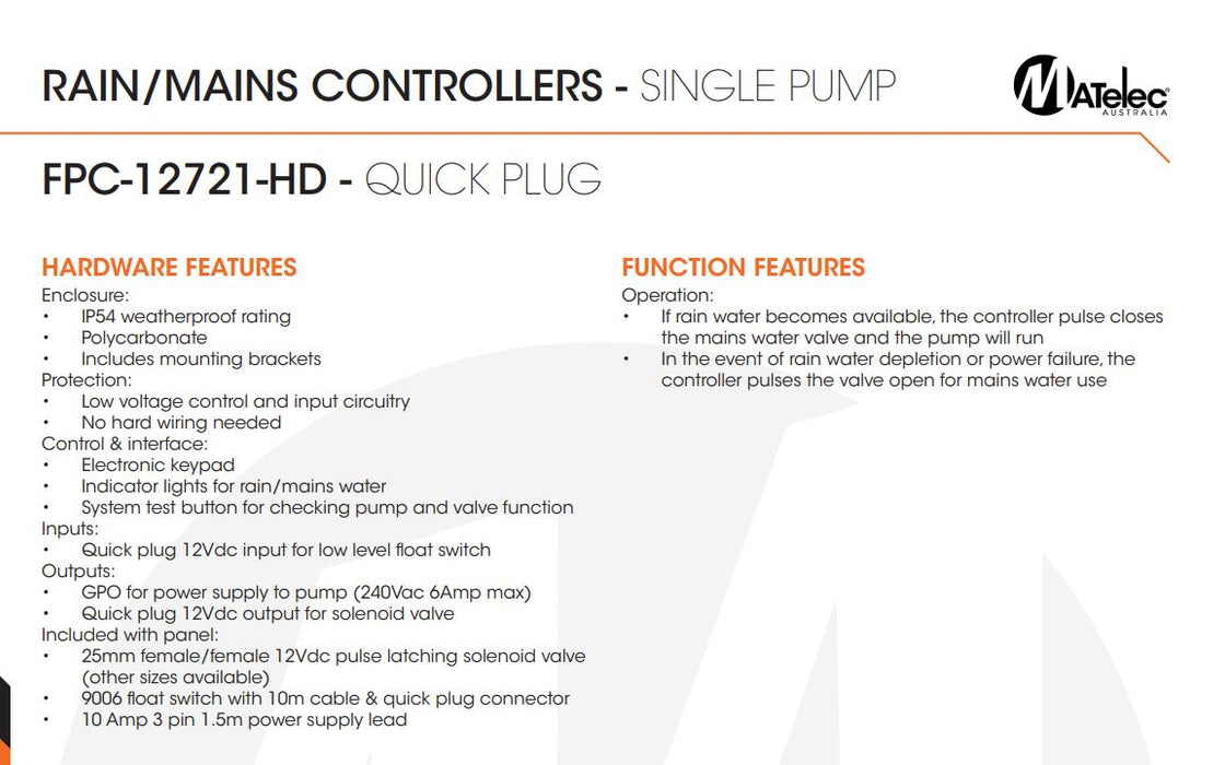 Matelec FPC-12721-HD Standard Rain/Mains Valve & Pump Controller with Automatic Changeoverr for 1 Pump Outlets