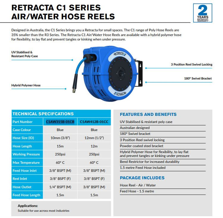 Macnaught Retracta C1 Compact 10mm Air/Water Auto-Wind Hose Reel (15m)