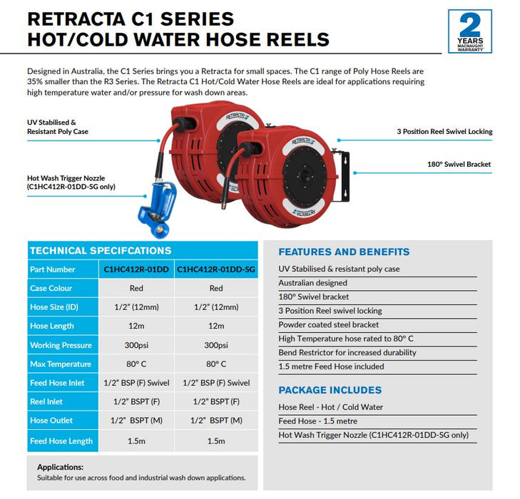 Macnaught Retracta C1 Compact 12mm Hot Water Auto-Wind Hose Reel (12m)