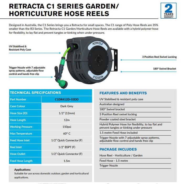 Macnaught Retracta C1 Compact 12mm Garden Auto-Wind Hose Reel with 7-Pattern Trigger Nozzle (12m)