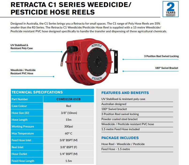 Macnaught Retracta C1 Compact Chemical-Resistant Auto-Wind Hose Reel for Weedicide & Pesticide (1.5m)