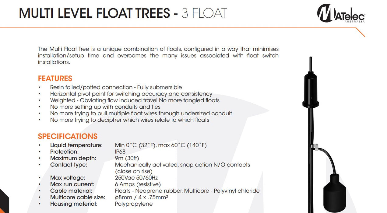 Matelec 3 Float Series Multi Level Float Trees Tangle Resistant for Wastewater/Sewage Application