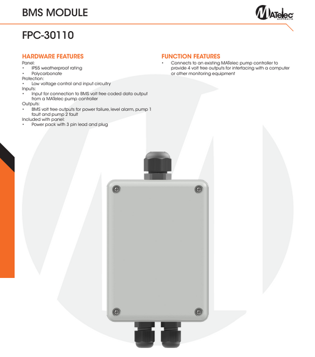 Matelec FPC-82141/BMS 240v HydroSTART Single Pump Controller with BMS Module & Metal Enclosure (Range 0.1-16 Amp)